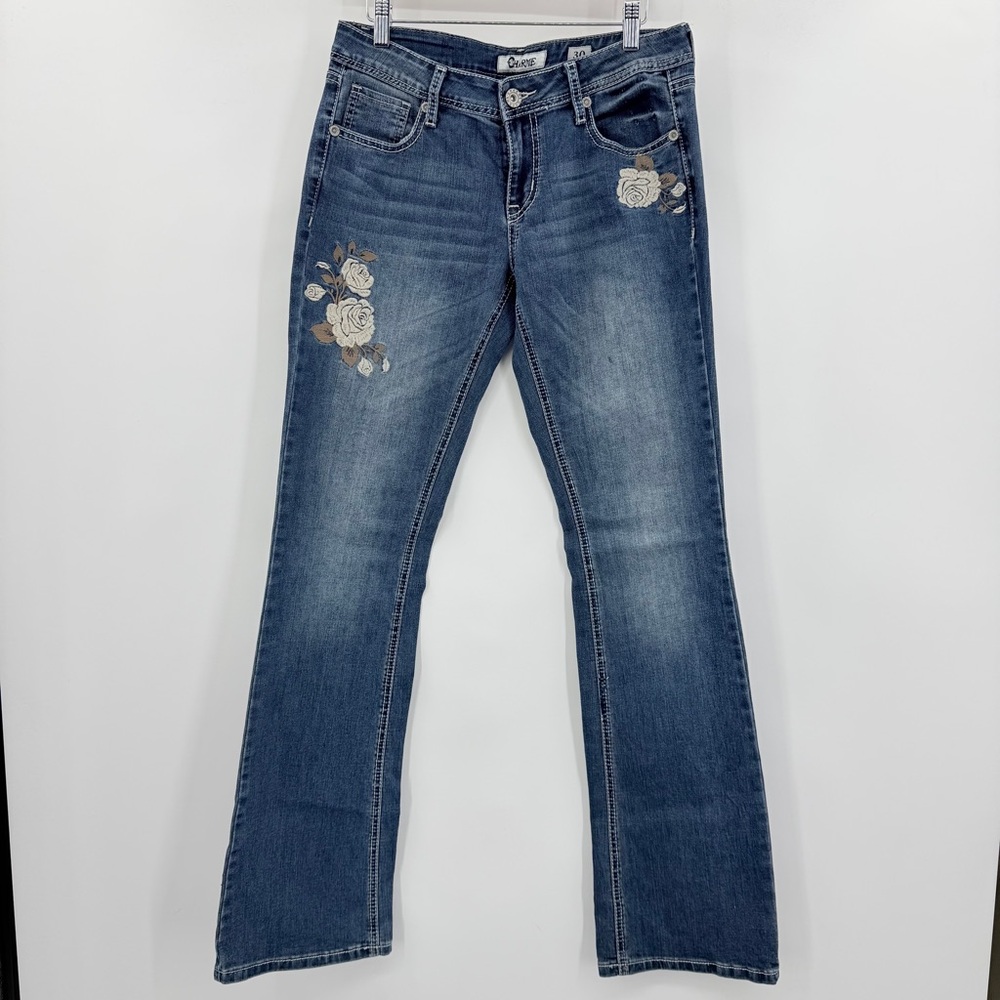 Charme Y2K Bootcut Brown Cream Floral Embroidered Women's Blue Jeans Size 30